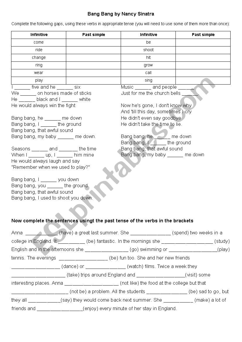 Bang bang by Nancy Sinatra song worksheet past simple