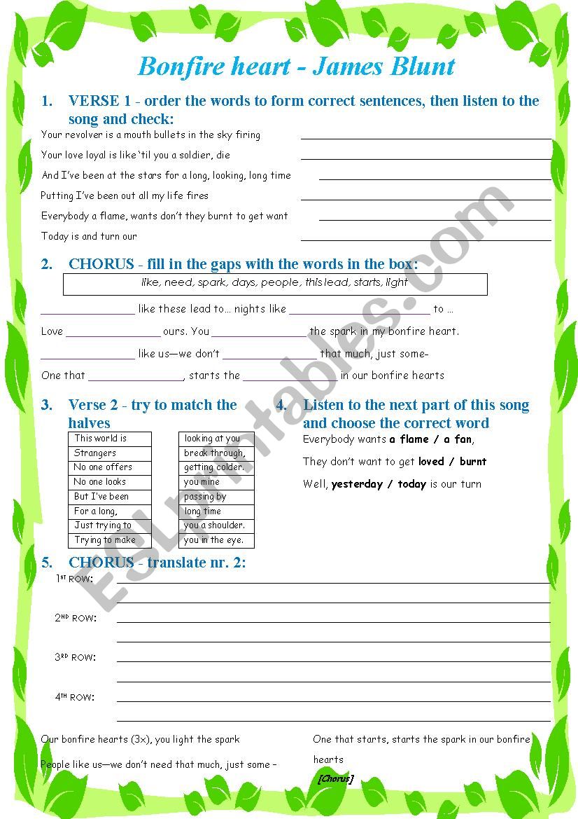 James Blunt - bonfire heart worksheet