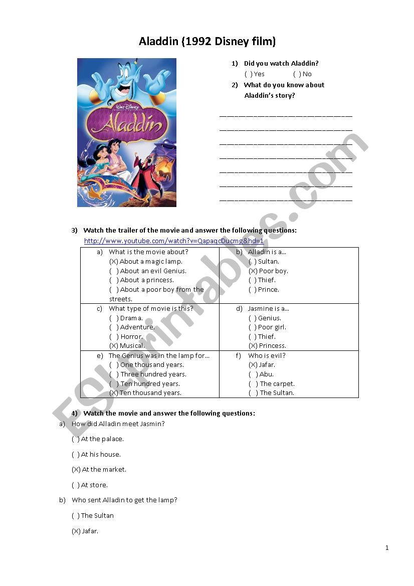 Aladdin and the magic lamp worksheet