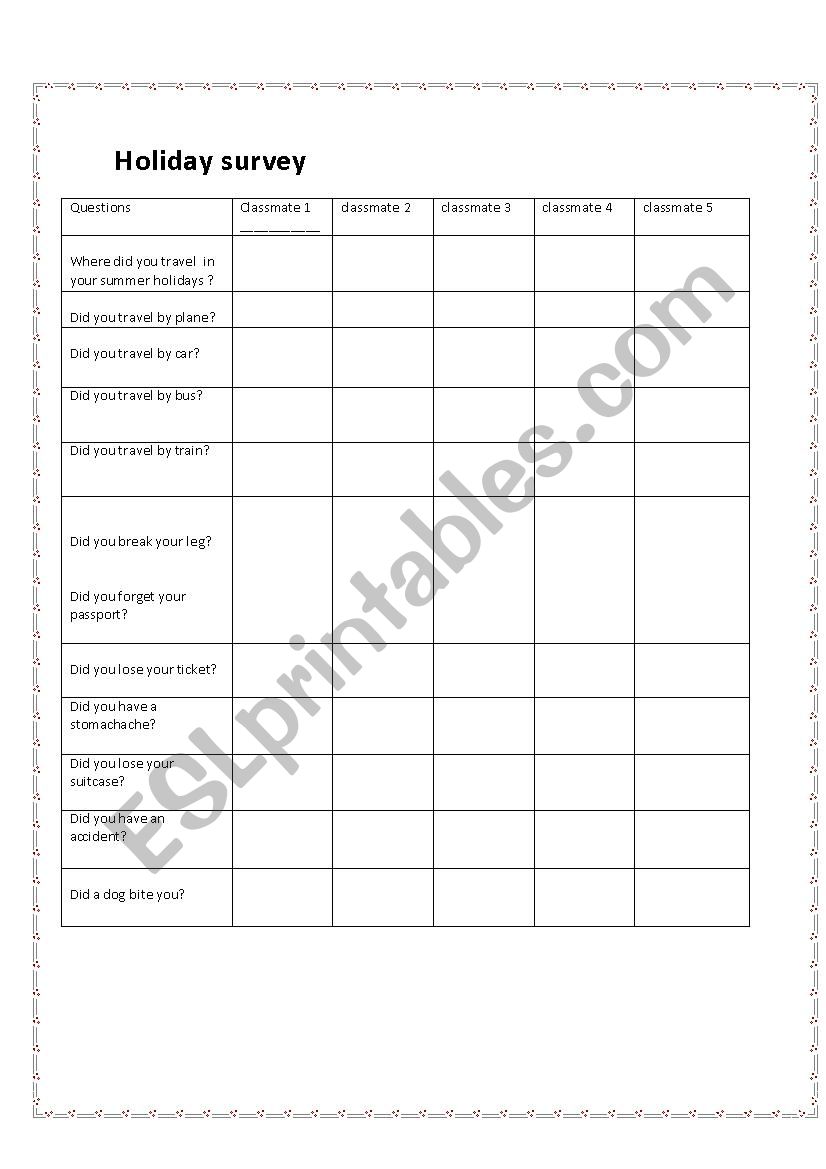 holiday survey  worksheet