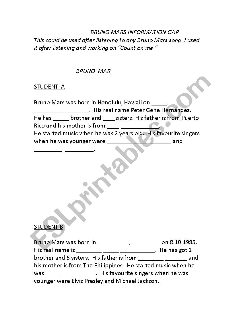 BRUNO MARS INFORMATION GAP worksheet