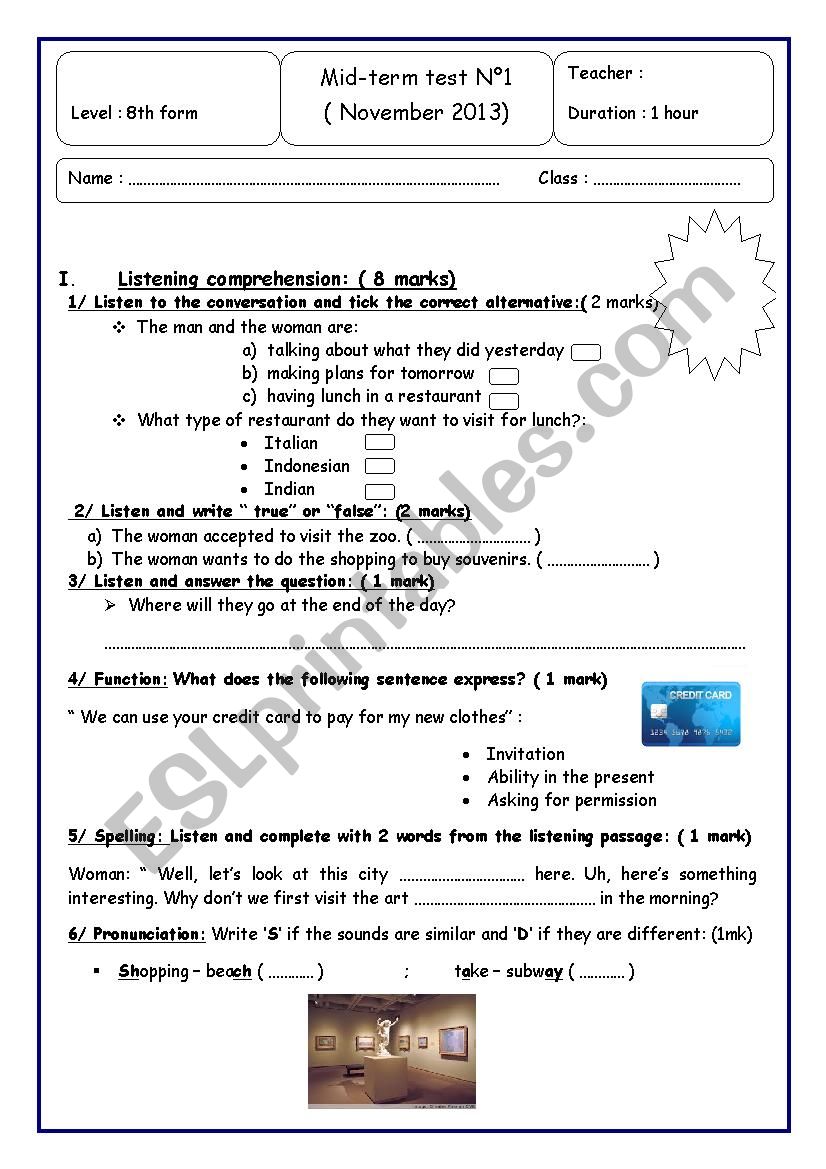 Mid term test N1 ( 8th form) worksheet