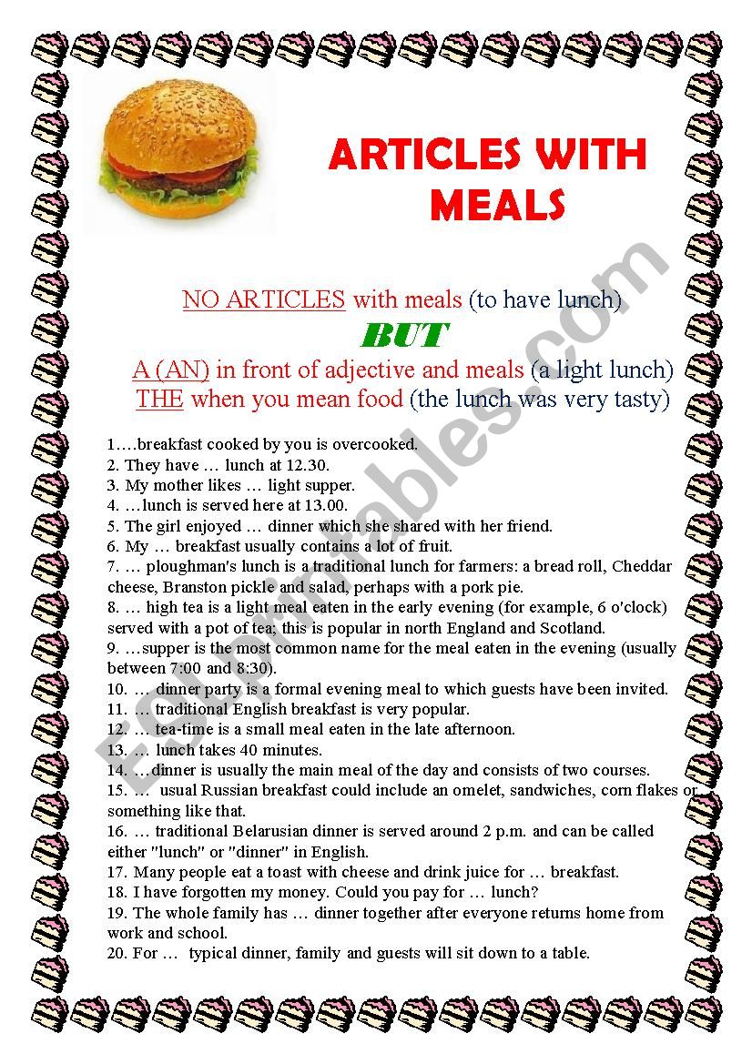 ARTICLES WITH MEALS worksheet