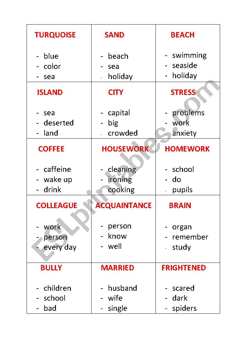 TABOO CARDS worksheet