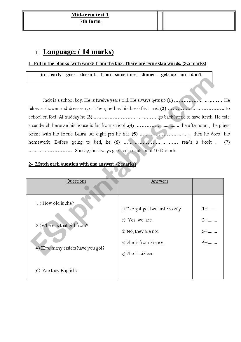 mid term test 1 7th form  worksheet