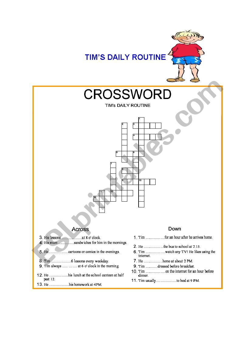 Tims Daily Routine (Crossword Puzzle)