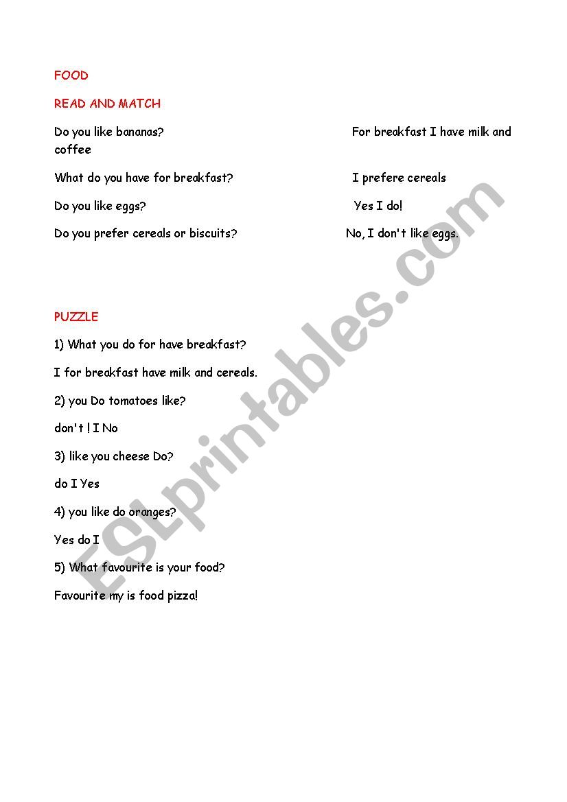 FOOD worksheet