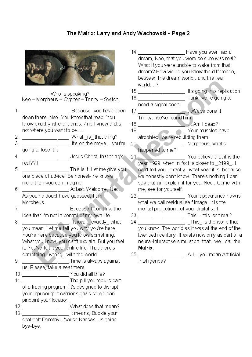 Film Matrix 2nd Page worksheet