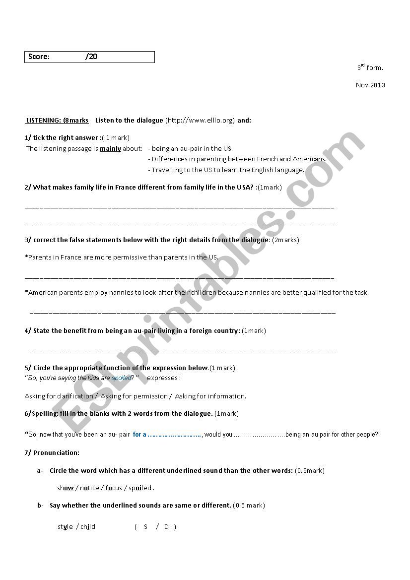 listening comprehension worksheet