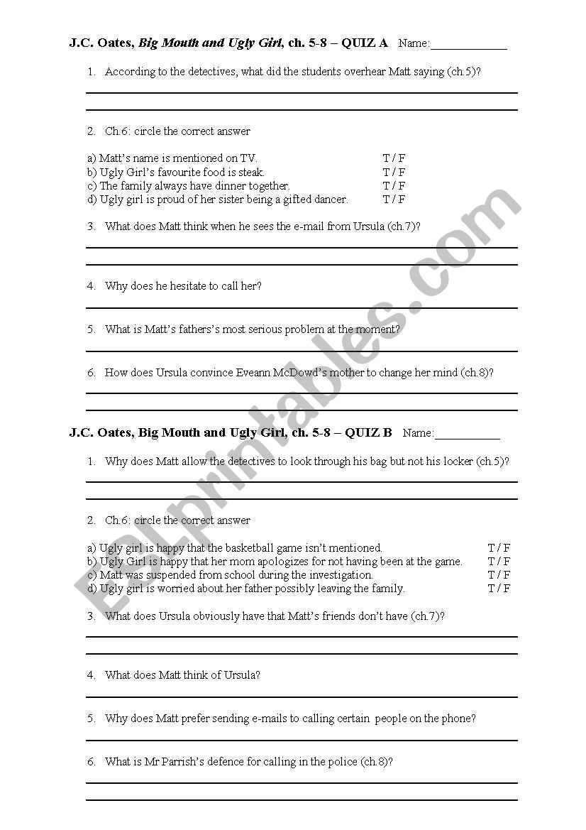 Big Mouth and Ugly Girl QUIZ worksheet