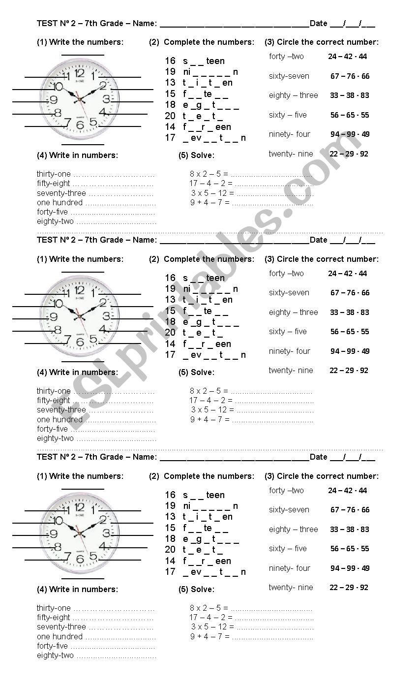 Numbers test worksheet