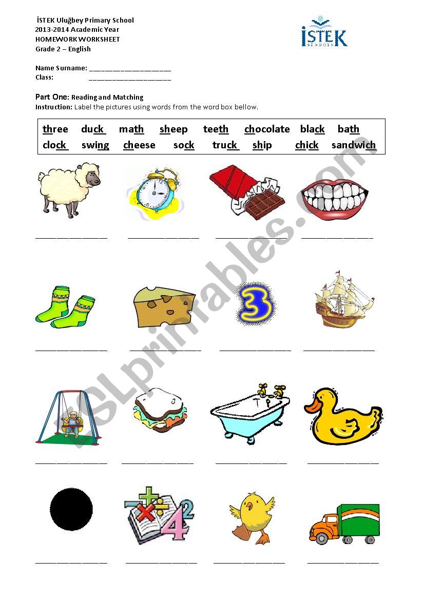 Digraphs th, sh, ck, ng, ch worksheet