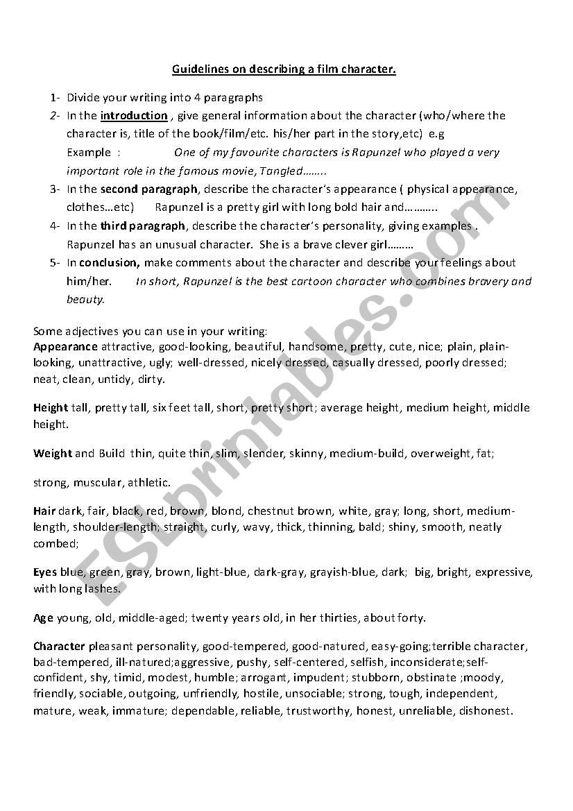 describung a film character worksheet