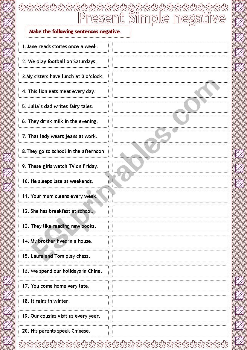 present simple negative worksheet