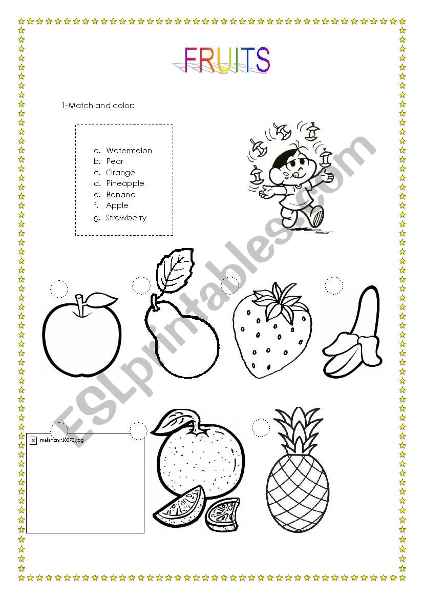 Fruits - Match and color. worksheet