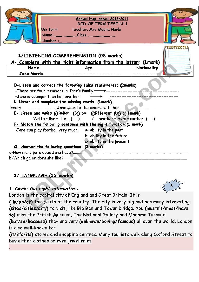    8th form  Mid-Term-Test NÂ°1 