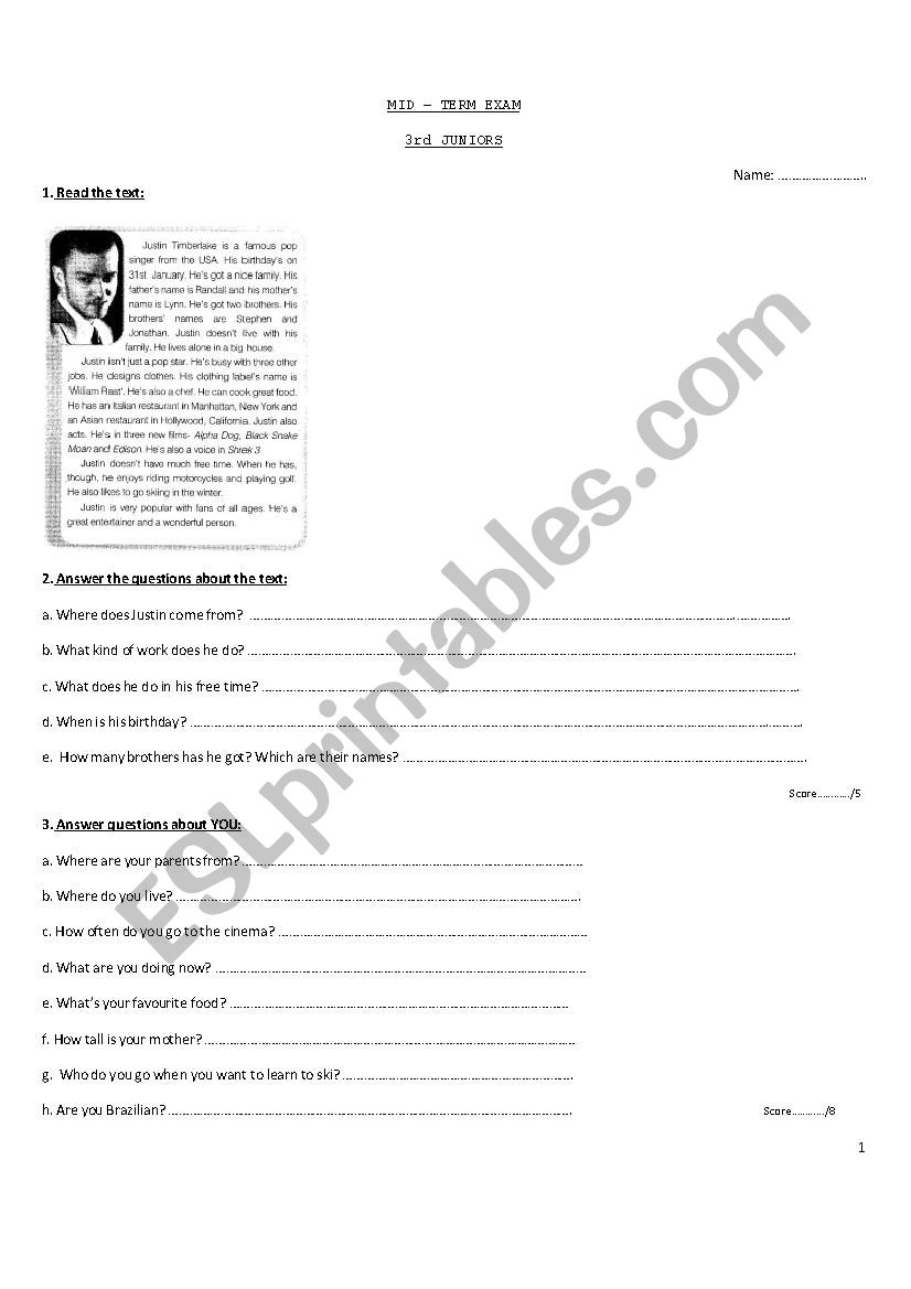 3rd juniors worksheet