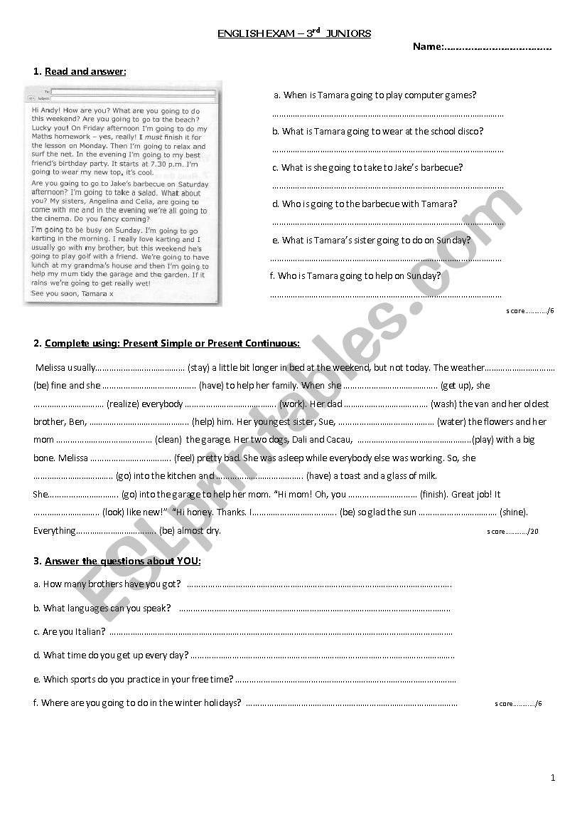 3rd juniors worksheet