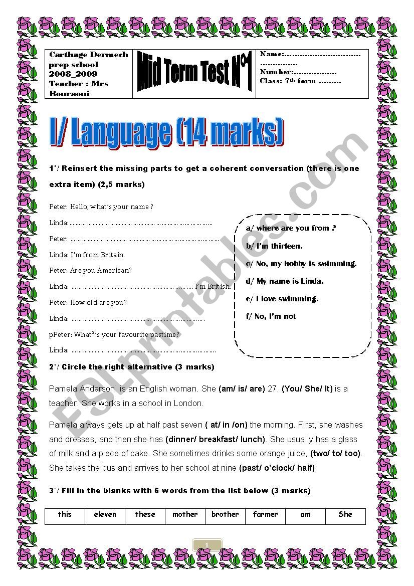 Mid term test N 1 _ 7th forms worksheet