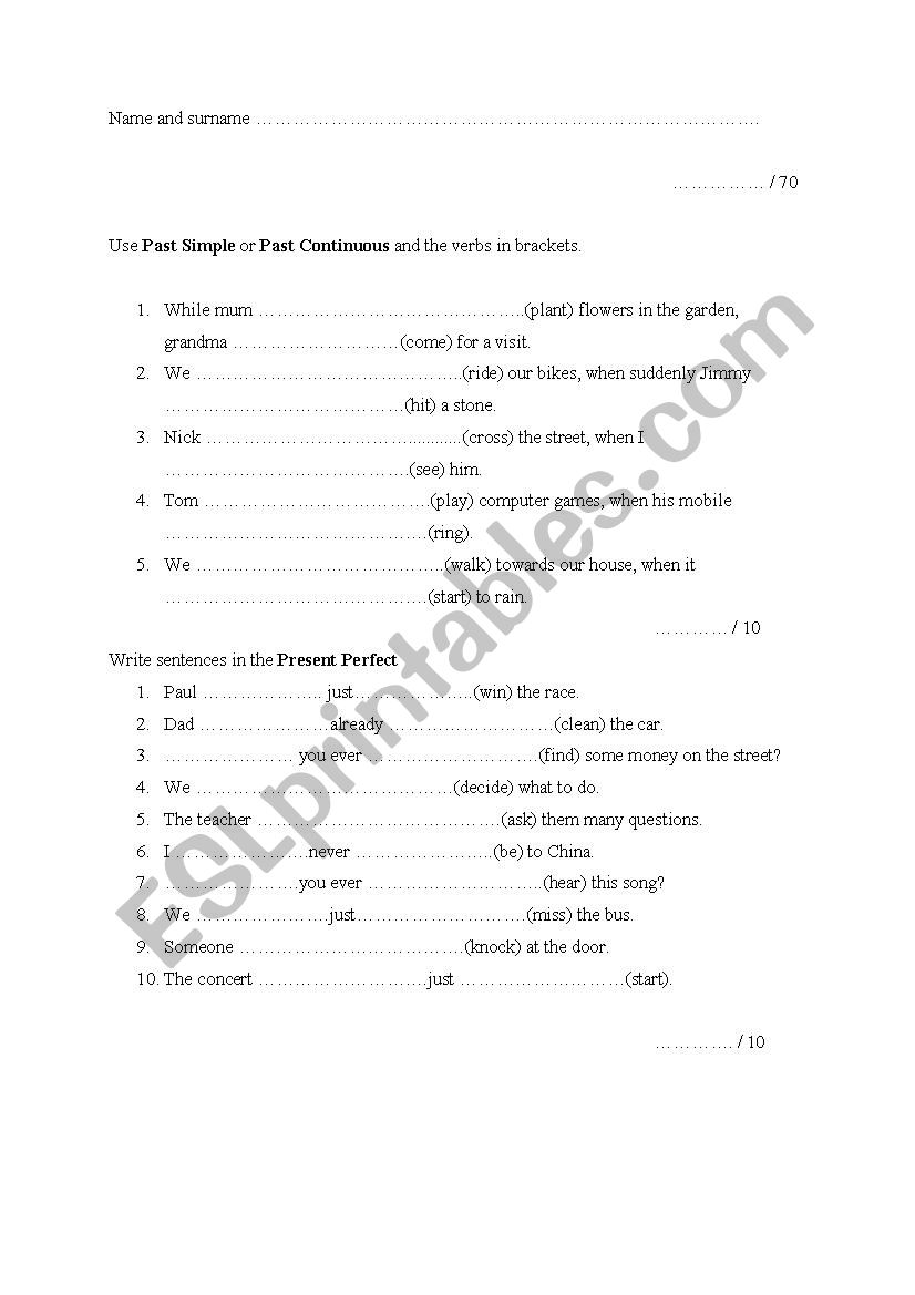 grammar test worksheet