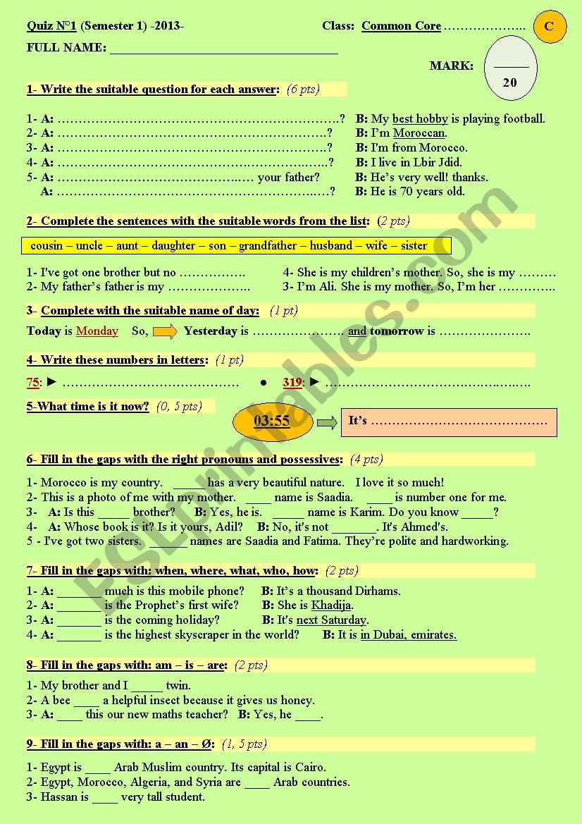 A superfine Quiz n1 (with key) for elementary students - Semester 1 - Version -C- (2013) 