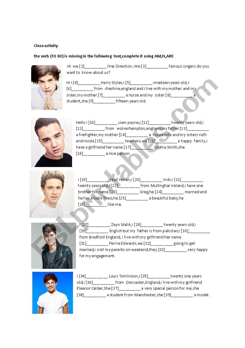 One Direction Verb To be worksheet