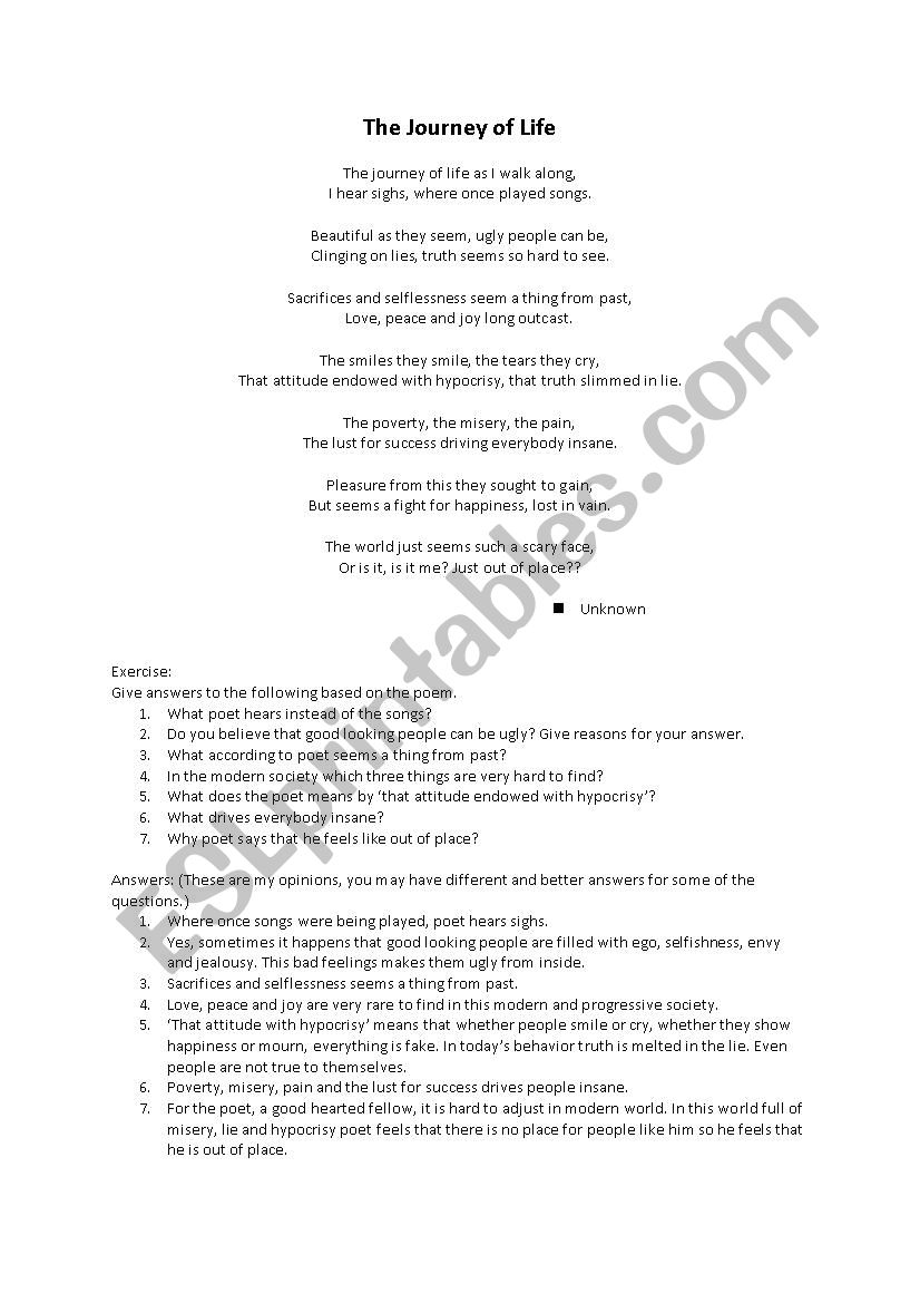 The Journey of Life worksheet