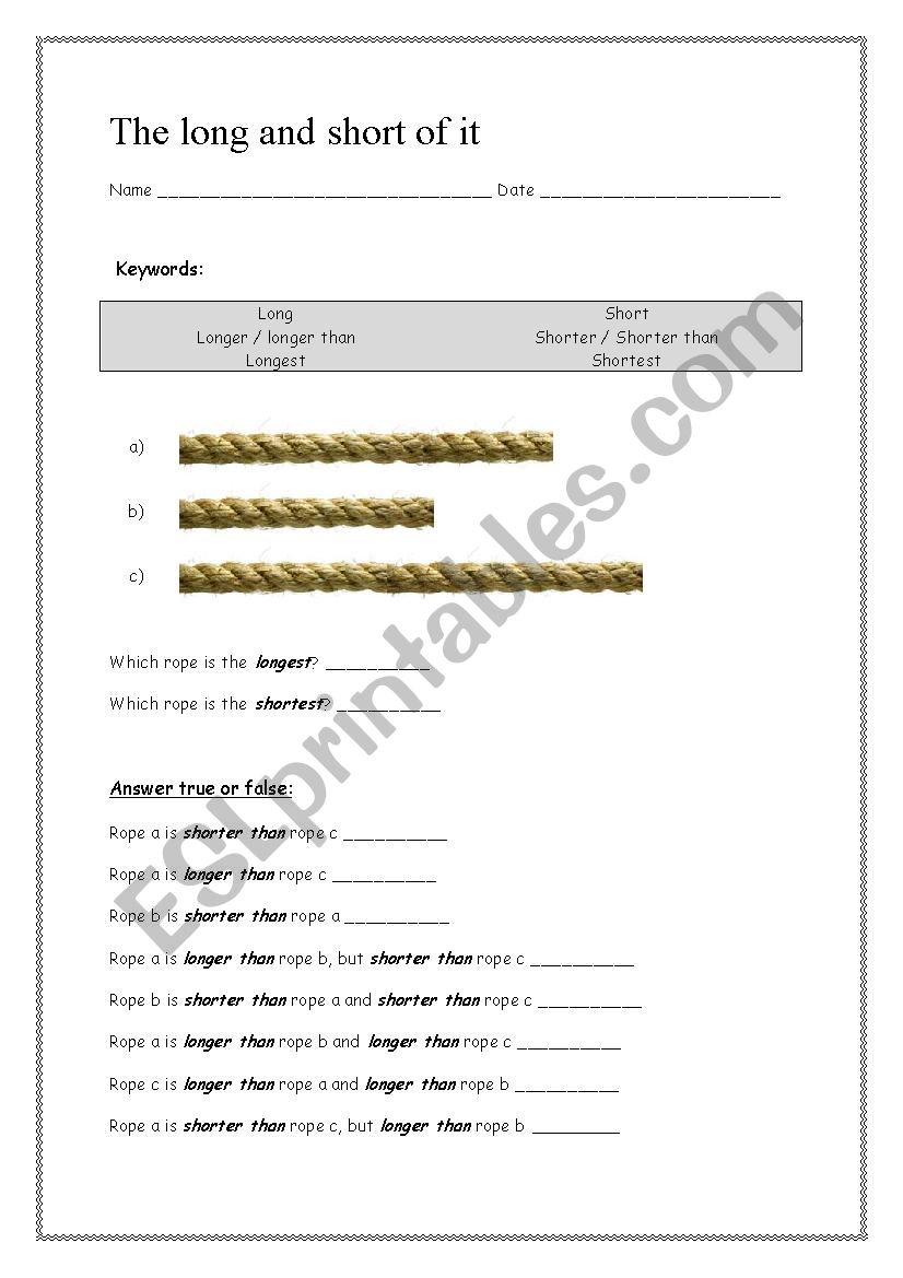 Shorter than longer than  worksheet