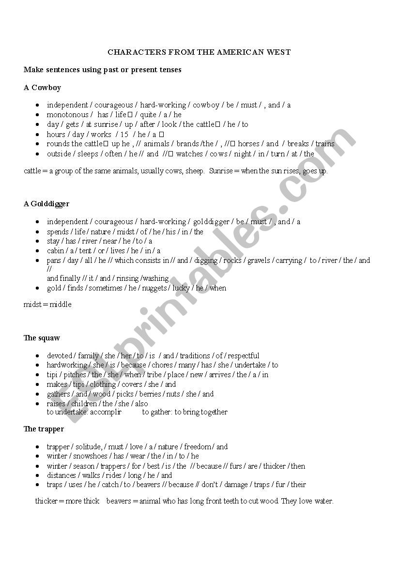 characters of the west worksheet