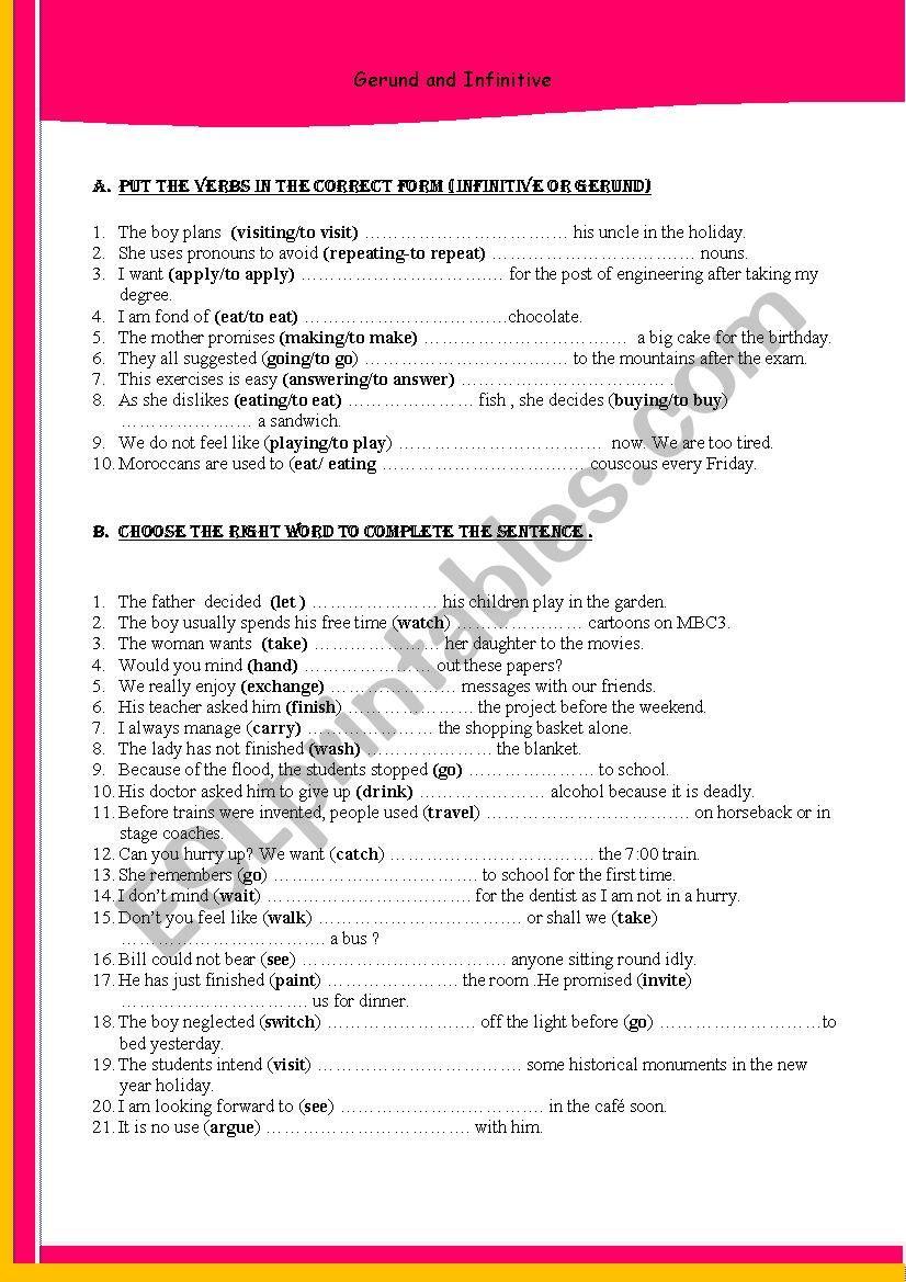 Gerund and Infinitive worksheet