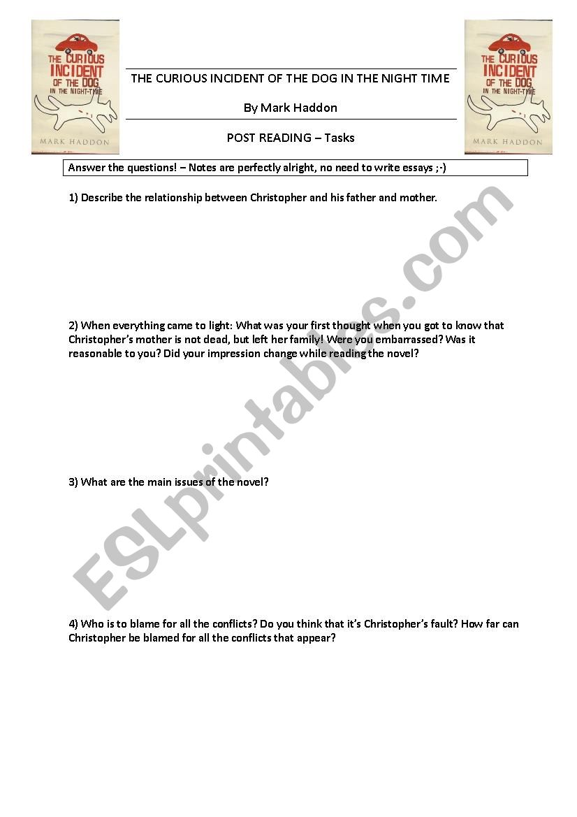 Post-reading and discussion THE CURIOUS INCIDENT OF THE DOG IN THE NIGHT TIME