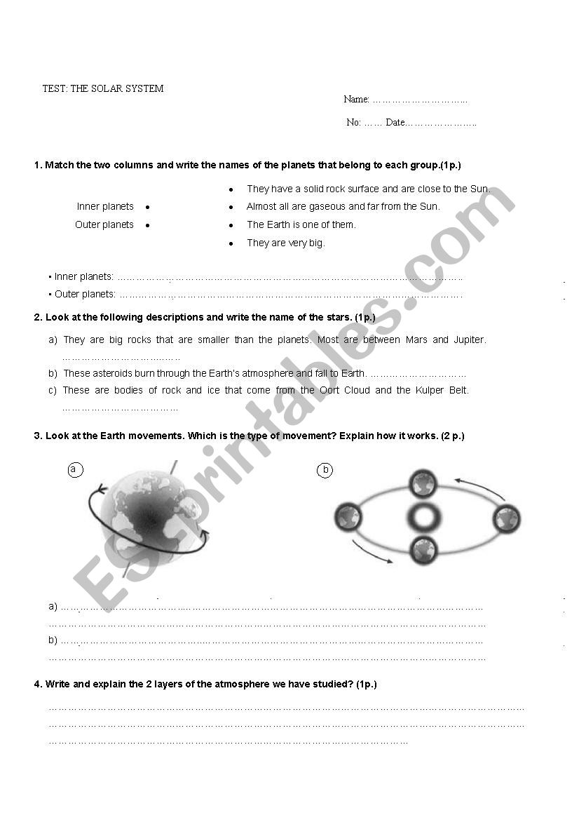 The Solar system. Test worksheet