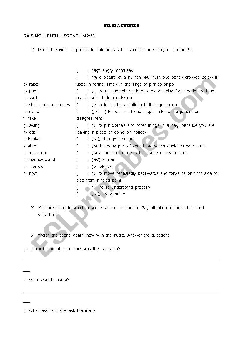 Film: Raising Helen worksheet