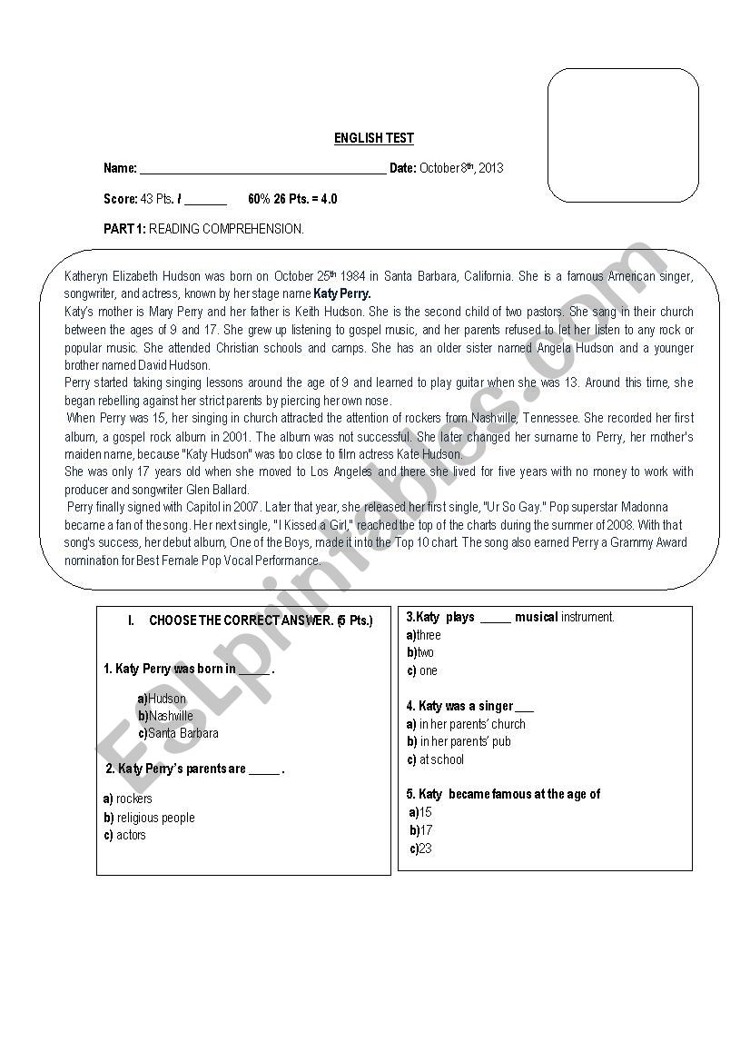 English test about present perfect tense 