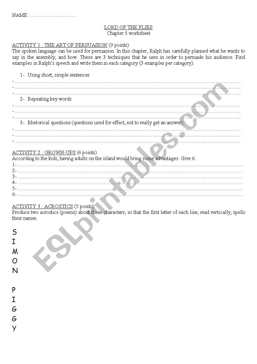 Lord of the Flies (chapter 5) worksheet