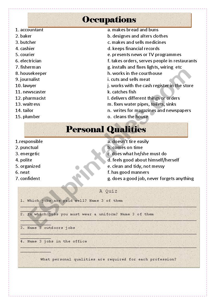 OCCUPATIONS worksheet