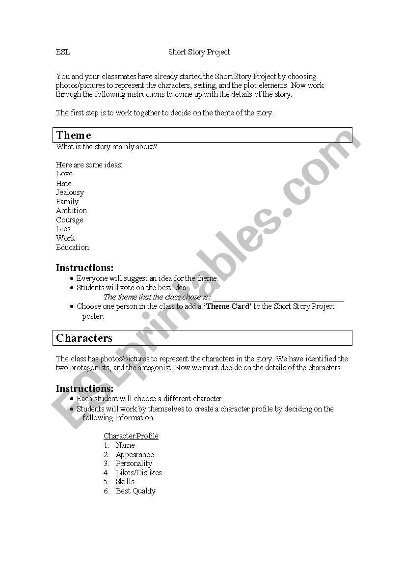 Short Story Group Project worksheet