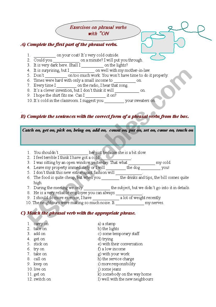 Phrasal verbs with ON worksheet