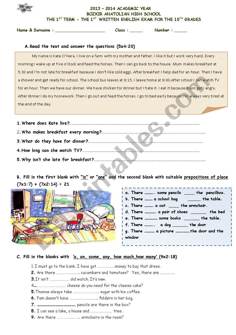 worksheet for 10th grade students