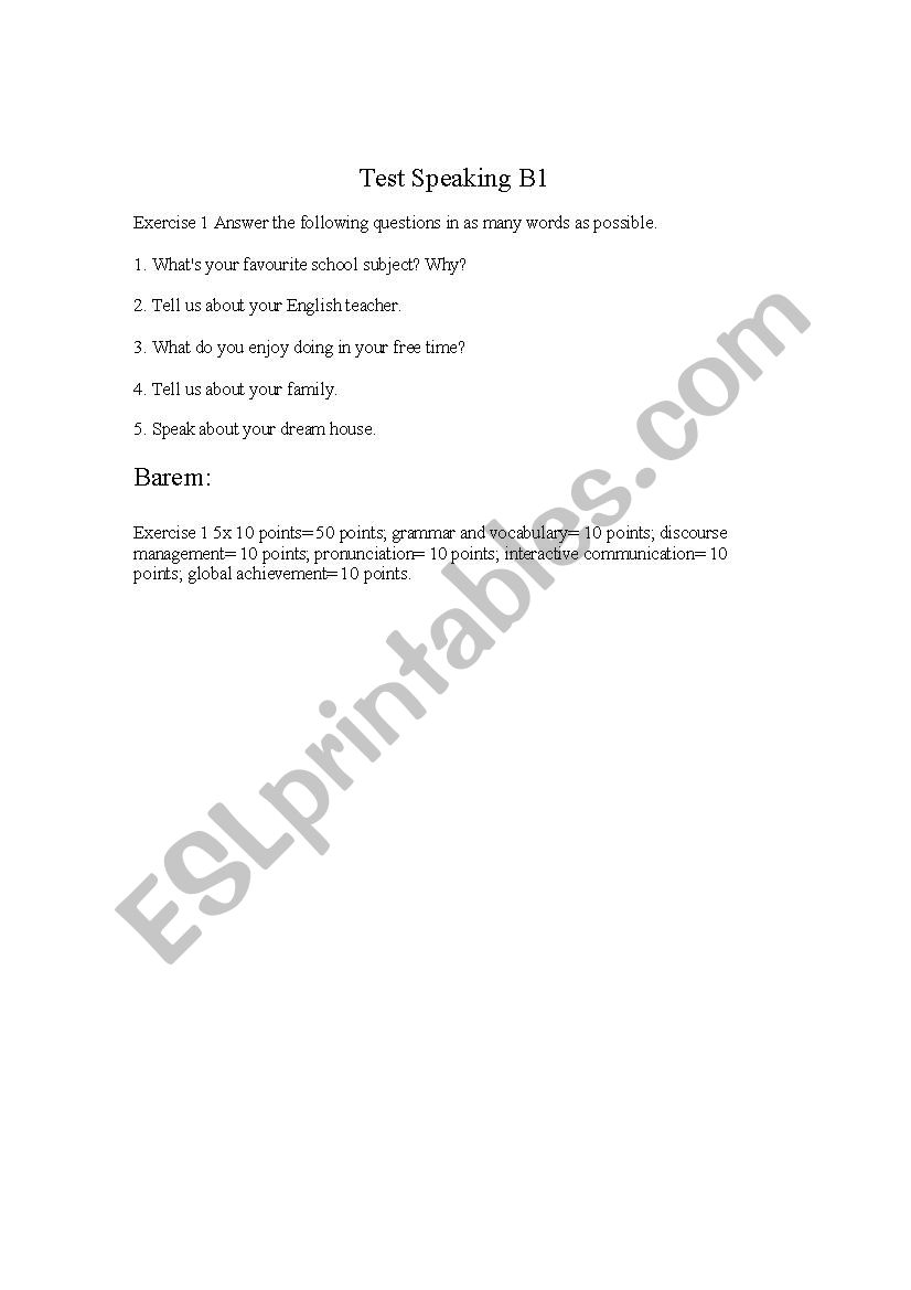 Test Speaking B1 worksheet