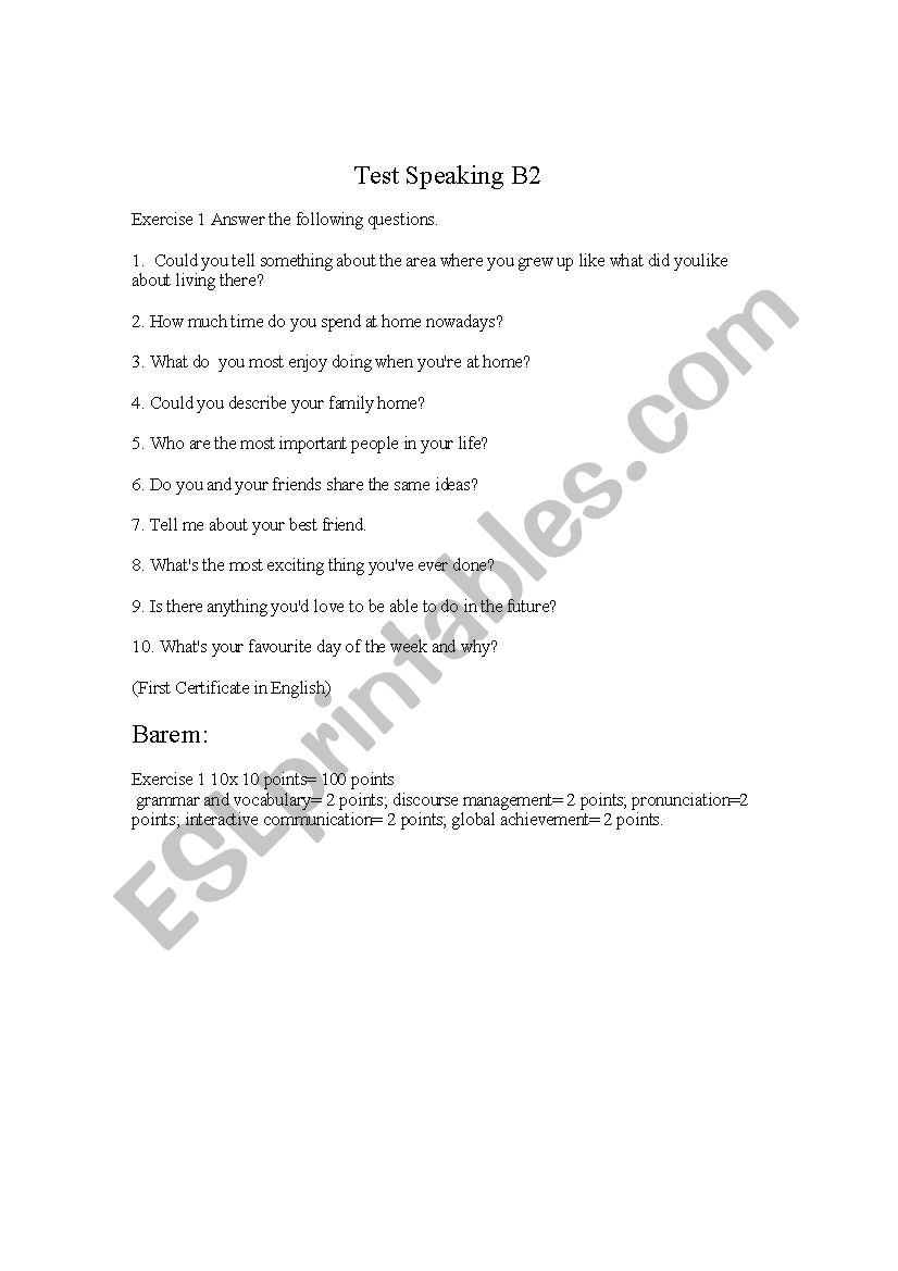 Test Speaking B2 worksheet
