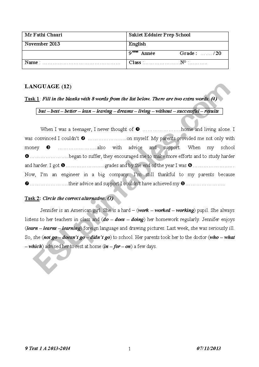Test 1 for 9th form 2013 worksheet