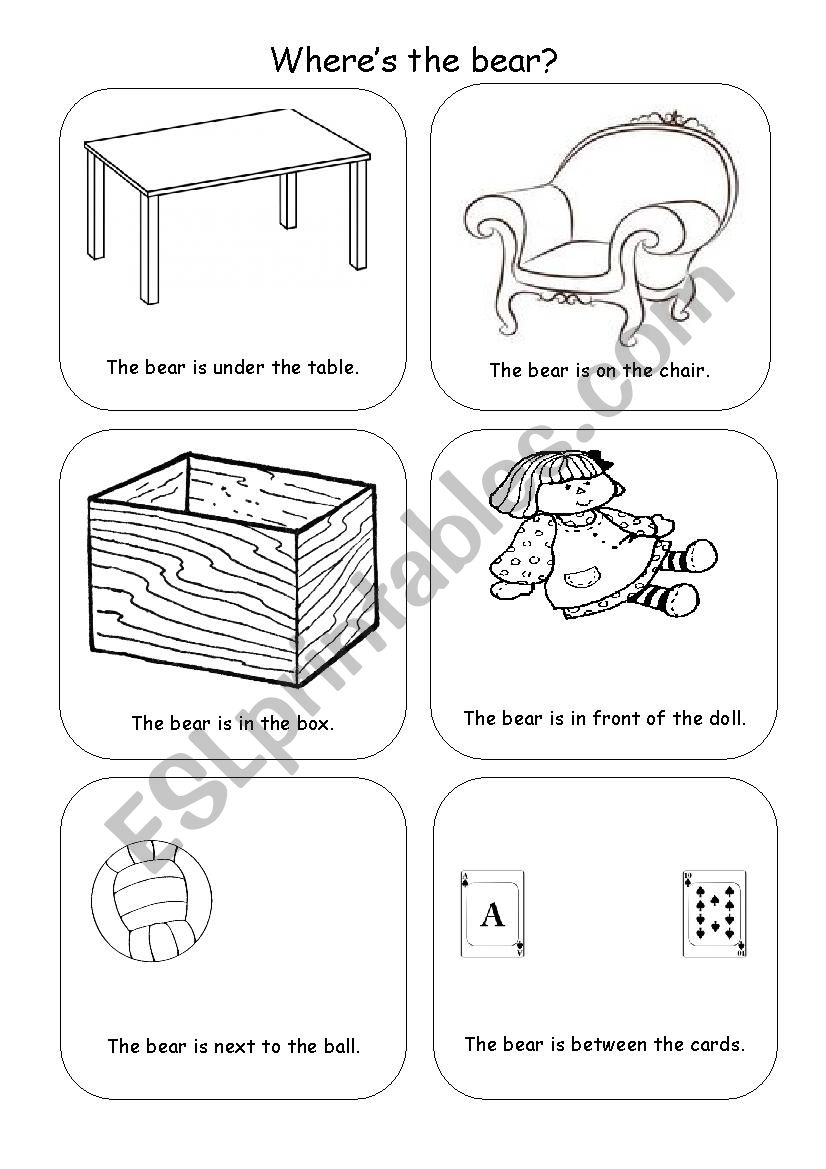 Prepositions - under, on, in, in front, next to, between