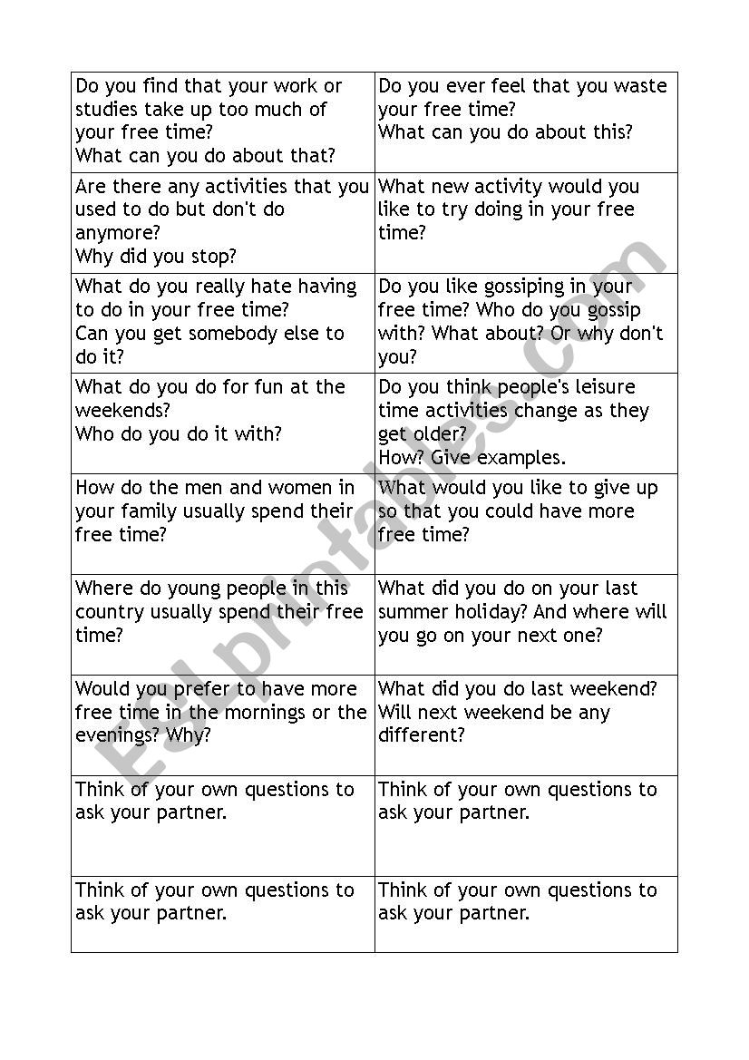 free time activities  worksheet