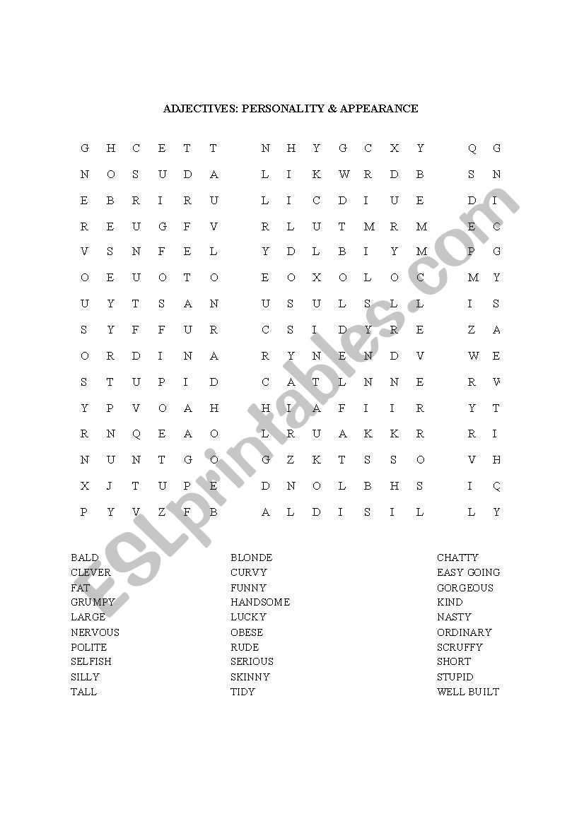 ADJECTIVES; PERSONALITY & APPEARANCE WORDSEARCH