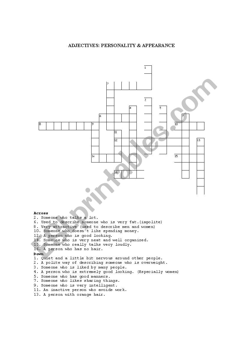 ADJECTIVES CROSSWORD: PERSONALITY & APPEARANCE