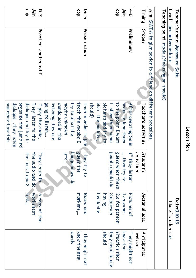 listening Lesson Plan worksheet