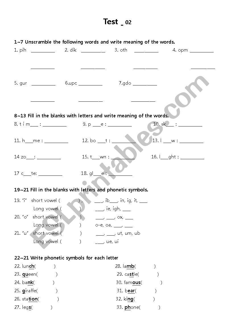 phonics test_2 worksheet