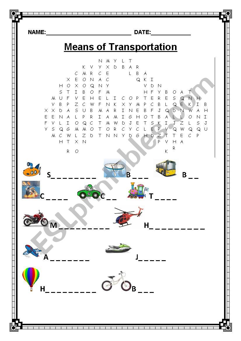 Means of transportation worksheet