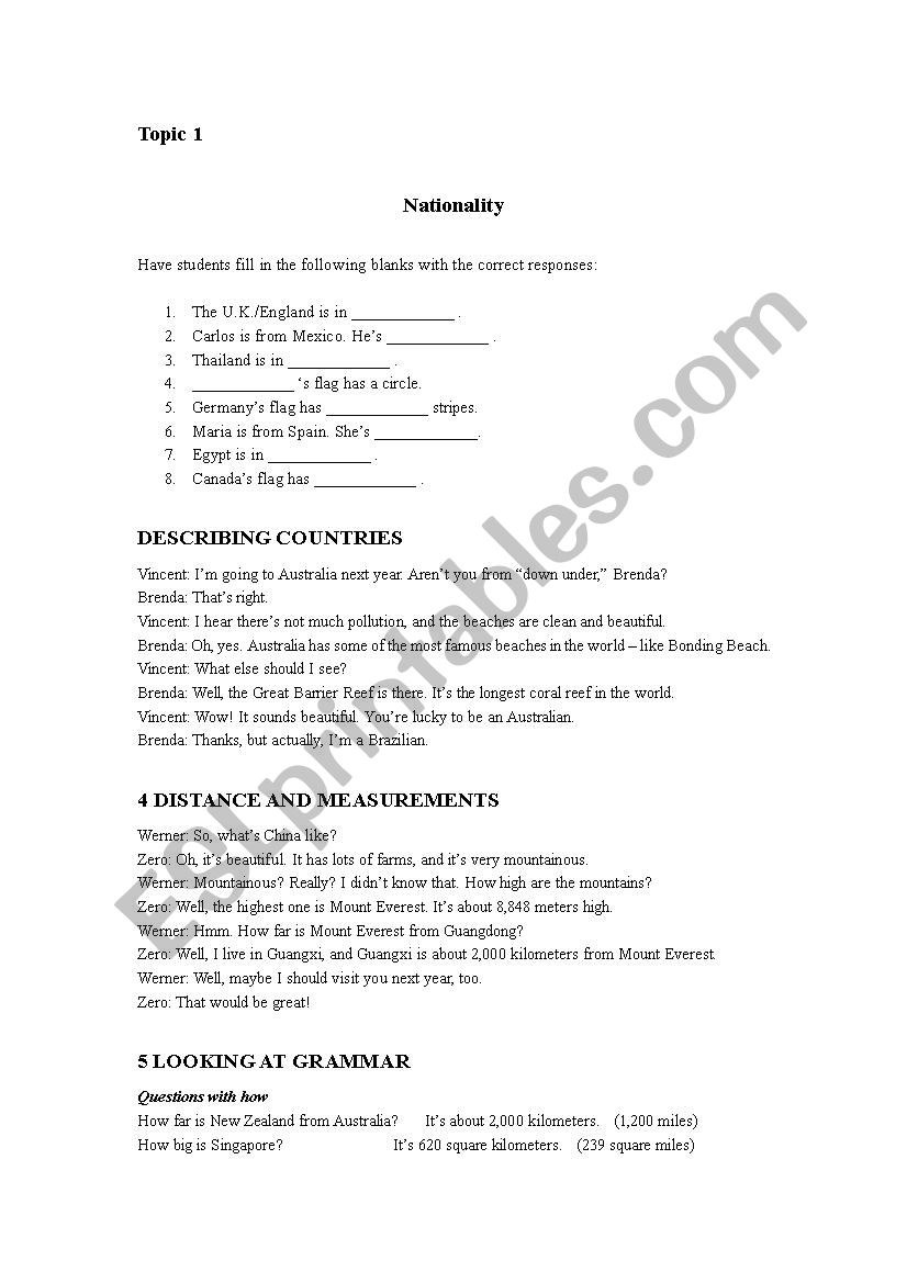 Nationality Lesson worksheet